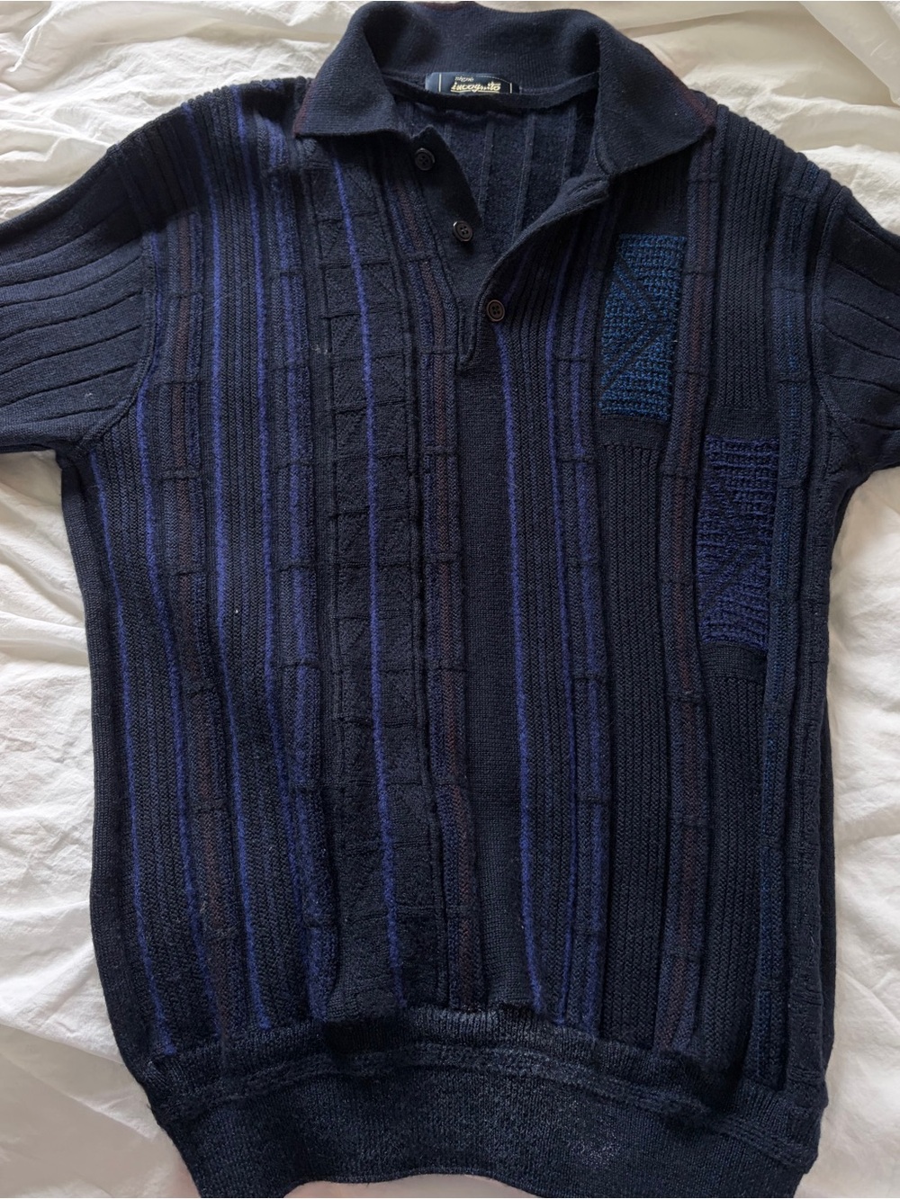 Vintage Navy Blue Patterned Knit Collared Grandpa Sweater